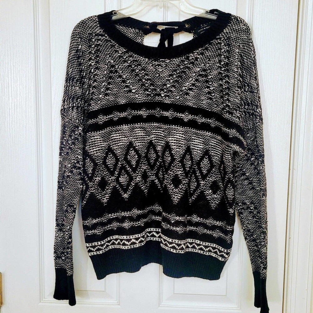 LUCKY BRAND CHUNKY KNIT TIE BACK LONG SLEEVE SWEATER, BLACK & WHITE, SZ M